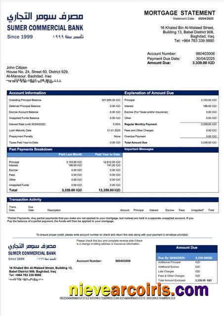 Iraq Sumer Bank mortgage statement Word and PDF template